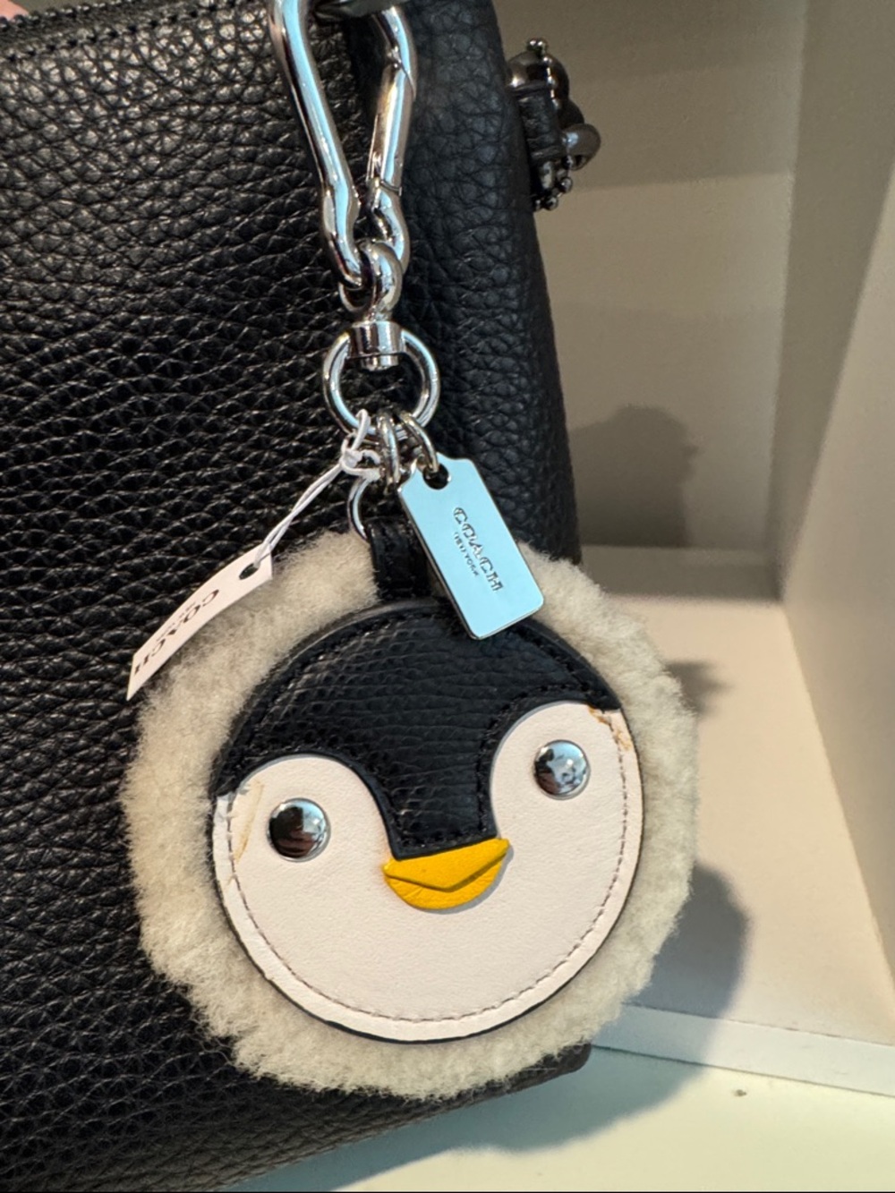 Coach Penguin Leather & Shearling Bag Charm - Black, White, Yellow